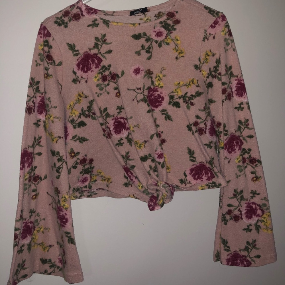 Pink Floral Print Crop Top with Flare Sleeves